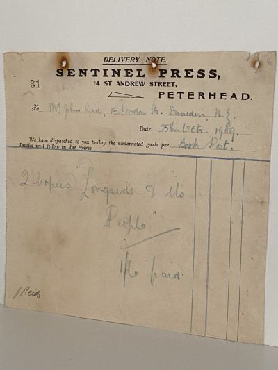 ANTIQUE INVOICE / DELIVERY NOTE: Sentinel Press, Peterhead, Scotland 1909