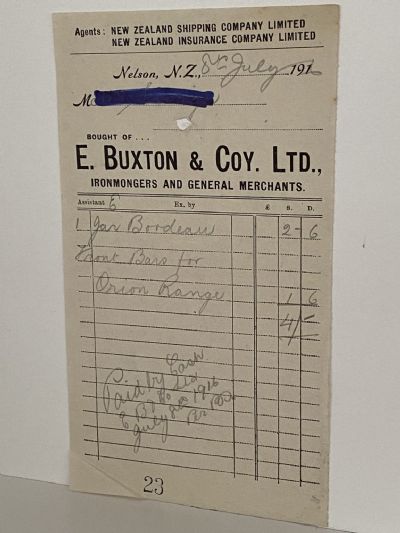 ANTIQUE INVOICE / RECEIPT: E. Buxton &. Coy. Ltd, Nelson - Ironmongers 1913