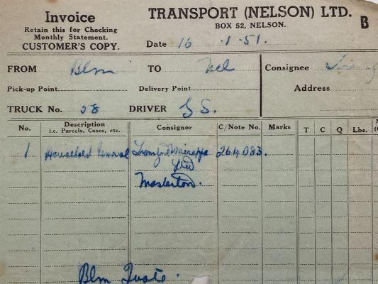 VINTAGE INVOICE: Transport (Nelson) Ltd 1951 