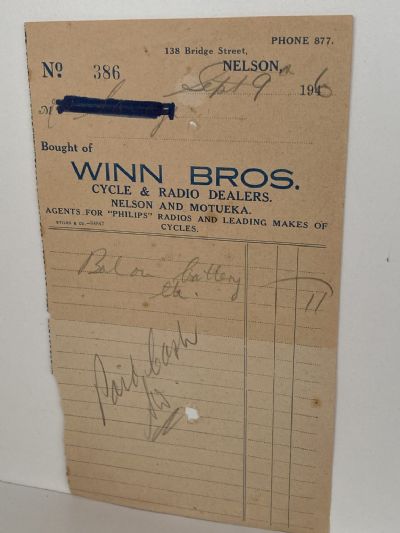 VINTAGE INVOICE: Winn Bros, Nelson - Cycle and Radio Dealers 1946