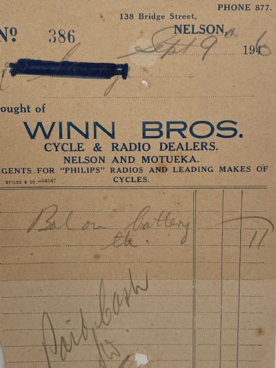 VINTAGE INVOICE: Winn Bros, Nelson - Cycle and Radio Dealers 1946 