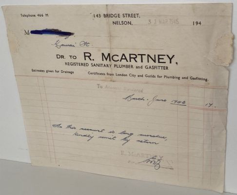 VINTAGE INVOICE: R. McArtney, Nelson - Plumber and Gasfitter 1945