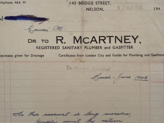 VINTAGE INVOICE: R. McArtney, Nelson - Plumber and Gasfitter 1945 