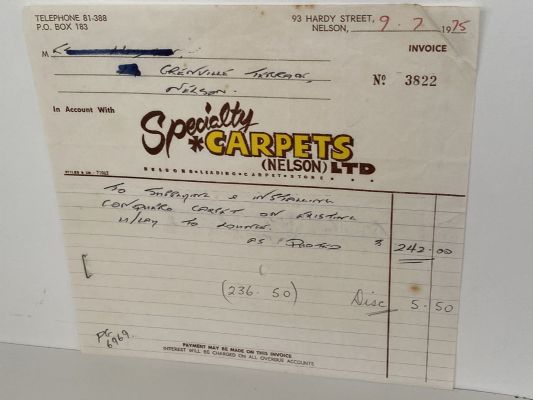 VINTAGE INVOICE: Specialty Carpets (Nelson) Ltd 1975