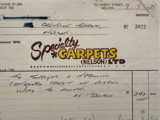 VINTAGE INVOICE: Specialty Carpets (Nelson) Ltd 1975 