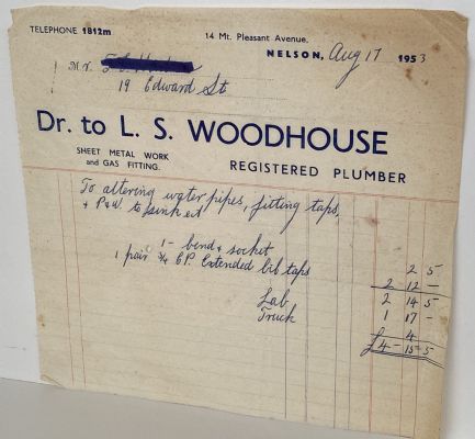 VINTAGE INVOICE: L. S. Woodhouse, Nelson - Registered Plumber 1953