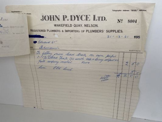 VINTAGE INVOICE: John P. Dyce Ltd, Nelson - Plumbers Suppliers 1961