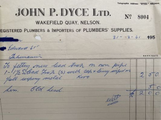 VINTAGE INVOICE: John P. Dyce Ltd, Nelson - Plumbers Suppliers 1961 