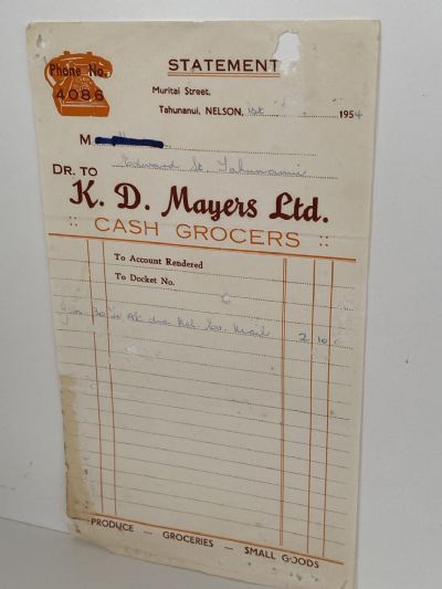 VINTAGE INVOICE: K. D Mayers Ltd, Nelson - Cash Grocers 1954