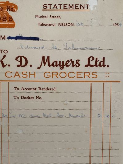 VINTAGE INVOICE: K. D Mayers Ltd, Nelson - Cash Grocers 1954 