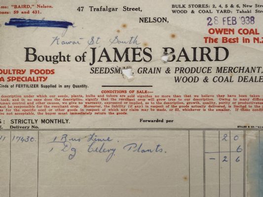 VINTAGE INVOICE: James Baird, Nelson - Seedsman, Grain & Produce 1938 
