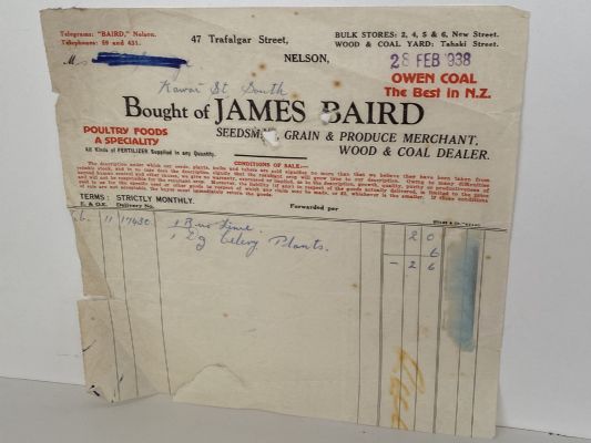 VINTAGE INVOICE: James Baird, Nelson - Seedsman, Grain & Produce 1938