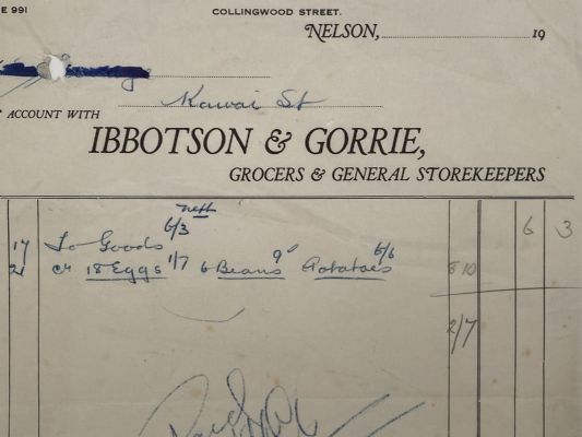 VINTAGE INVOICE: Ibbotson & Gorrie, Nelson - Grocers and Storekeepers 