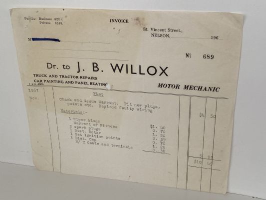 VINTAGE INVOICE: J. B. Willox, Nelson - Motor Mechanic 1967