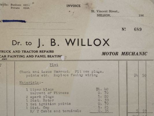 VINTAGE INVOICE: J. B. Willox, Nelson - Motor Mechanic 1967 
