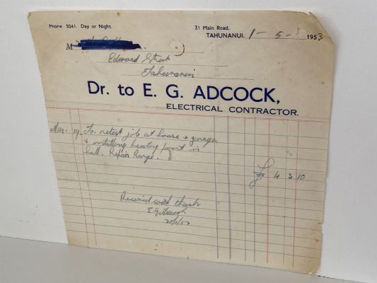 VINTAGE INVOICE: E. G. Adcock, Tahunanui - Electrical Contractor 1953