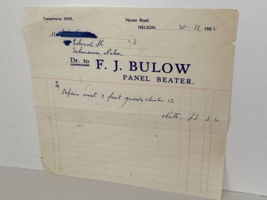 VINTAGE INVOICE: F. J. Bulow Panel Beater; Nelson 1955