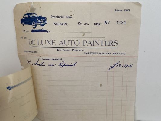 VINTAGE INVOICE: De Luxe Auto Painters, Nelson - Painting & Panel Beaters 1955
