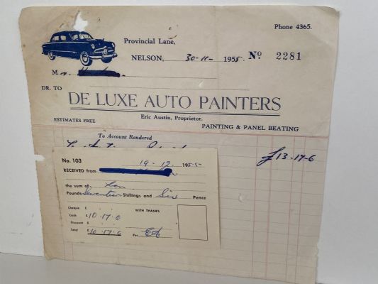 VINTAGE INVOICE: De Luxe Auto Painters, Nelson - Painting & Panel Beaters 1955