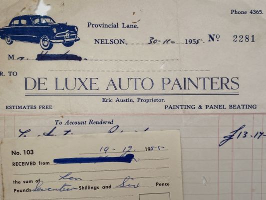 VINTAGE INVOICE: De Luxe Auto Painters, Nelson - Painting & Panel Beaters 1955 