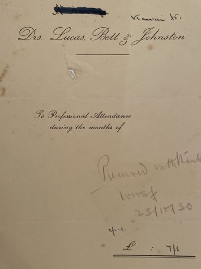 VINTAGE INVOICE: Dr Lucas Bett & Johnston 1930 