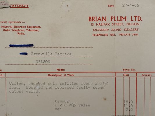 VINTAGE INVOICE: Brian Plum Ltd, Nelson - Licensed Radio Dealers 1966 