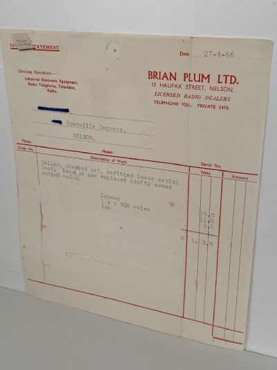 VINTAGE INVOICE: Brian Plum Ltd, Nelson - Licensed Radio Dealers 1966