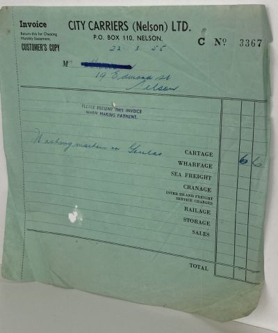 VINTAGE INVOICE: City Carriers (Nelson) Ltd 1955