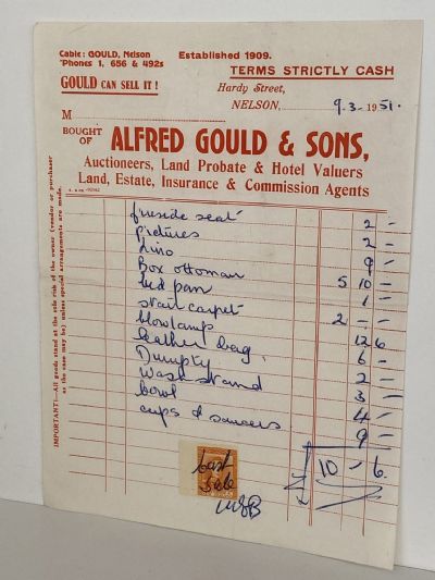 VINTAGE INVOICE: Alfred Gould & Sons, Nelson - Auctioneers and Valuers 1951