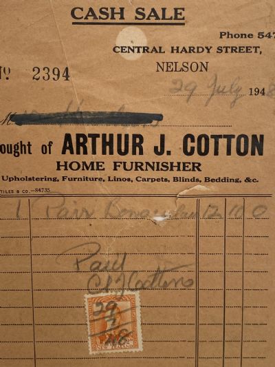 VINTAGE INVOICE: Arthur J. Cotton, Nelson - Home Furnisher 1948 