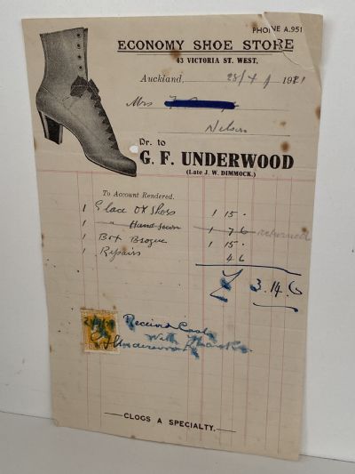 ANTIQUE INVOICE: G. F. Underwood, Auckland - Shoe Store 1921