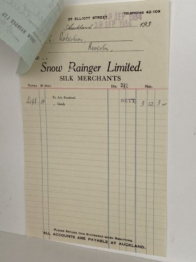VINTAGE INVOICE: Snow Rainger Limited Auckland – Silk Merchants 1934