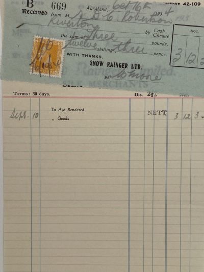 VINTAGE INVOICE: Snow Rainger Limited Auckland – Silk Merchants 1934 