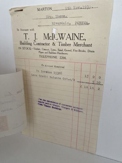 VINTAGE INVOICE: T. J. McIlwaine – Building Contractor & Timber Merchant 1939