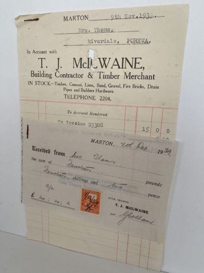 VINTAGE INVOICE: T. J. McIlwaine – Building Contractor & Timber Merchant 1939