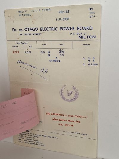 VINTAGE INVOICE: Otago Electric Power Board, Milton 1954