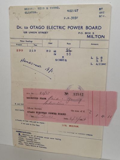 VINTAGE INVOICE: Otago Electric Power Board, Milton 1954