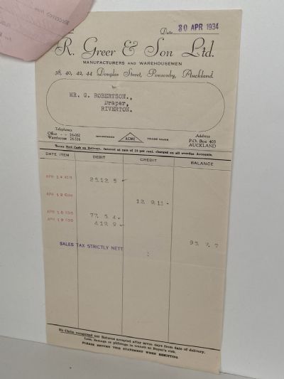 VINTAGE INVOICE: R. Greer & Son, Auckland – Manufacturers & Warehousemen 1934