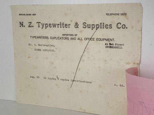 VINTAGE INVOICE: N.Z. Typewriter & Supplies Co. Invercargill 1938