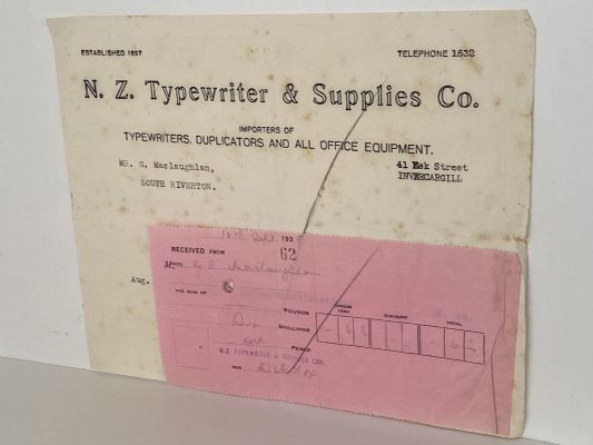 VINTAGE INVOICE: N.Z. Typewriter & Supplies Co. Invercargill 1938