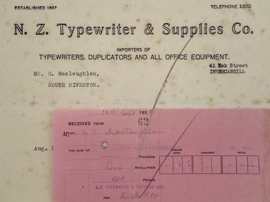VINTAGE INVOICE: N.Z. Typewriter & Supplies Co. Invercargill 1938 