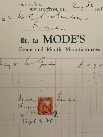 VINTAGE INVOICE: Modes, Wellington – Gown and Mantle Manufacturers 1935 