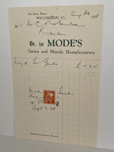 VINTAGE INVOICE: Modes, Wellington – Gown and Mantle Manufacturers 1935