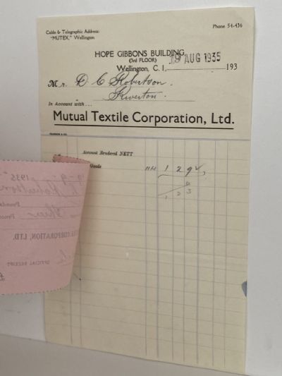 VINTAGE INVOICE: Mutual Textile Corporation Ltd, Wellington 1935