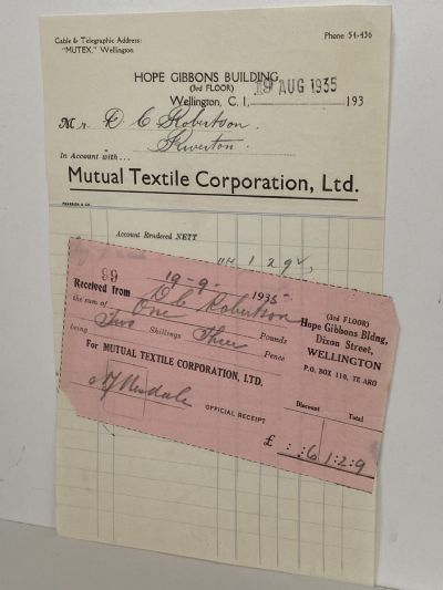 VINTAGE INVOICE: Mutual Textile Corporation Ltd, Wellington 1935