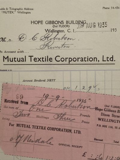 VINTAGE INVOICE: Mutual Textile Corporation Ltd, Wellington 1935 