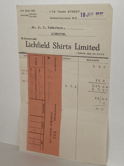 VINTAGE INVOICE: Lichfield Shirts Limited, Christchurch 1935