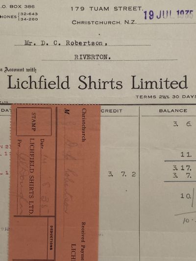 VINTAGE INVOICE: Lichfield Shirts Limited, Christchurch 1935 