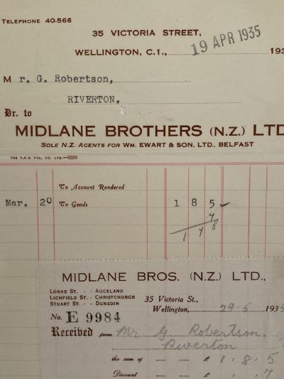 VINTAGE INVOICE: Midlane Brothers (N.Z.) Ltd. Wellington - Agents 1935 