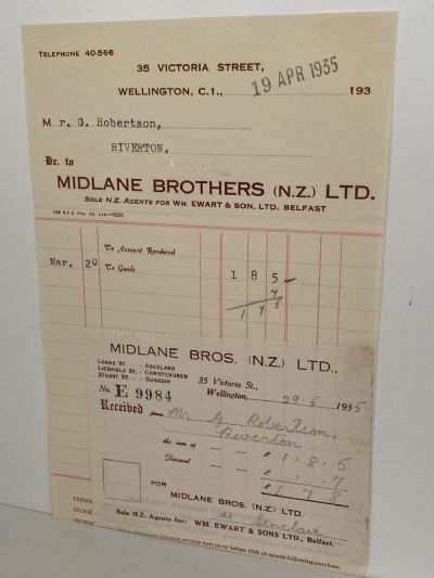 VINTAGE INVOICE: Midlane Brothers (N.Z.) Ltd. Wellington - Agents 1935